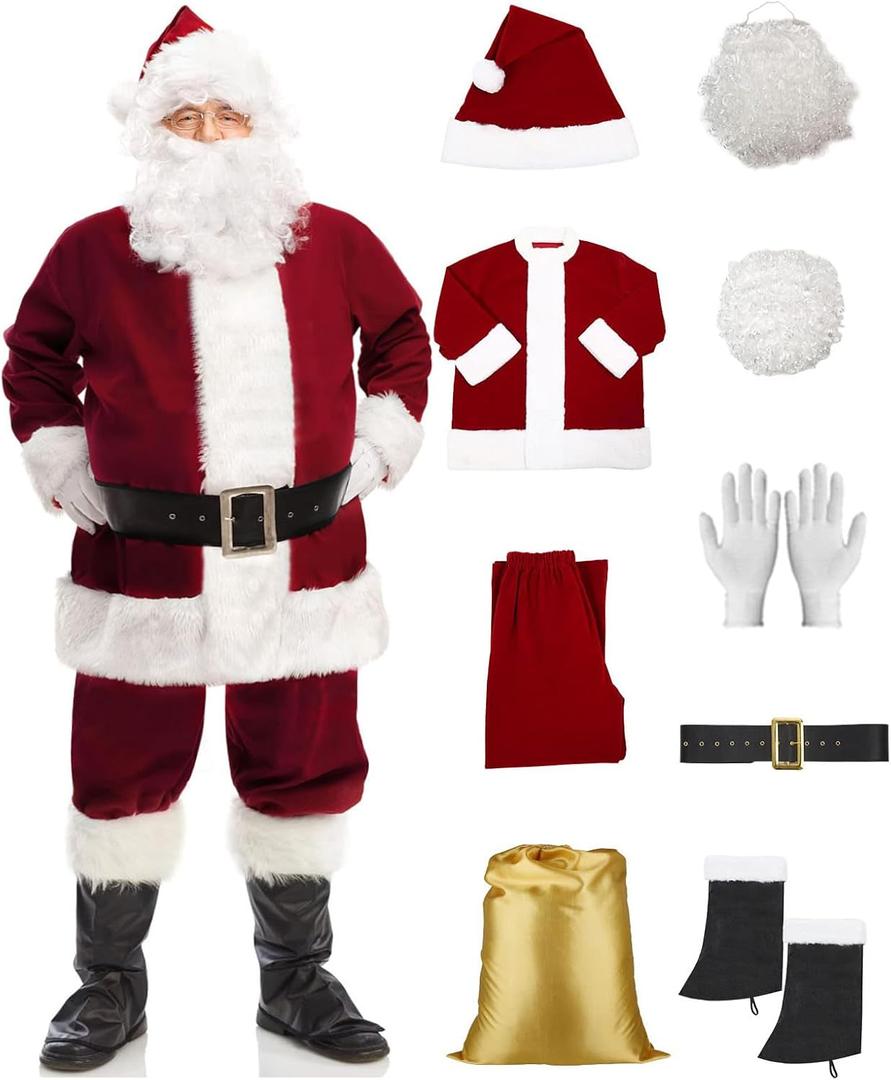Christmas Santa Costume Deluxe Adult Santa Suit Santa Claus Costume for Men (Large, Red)