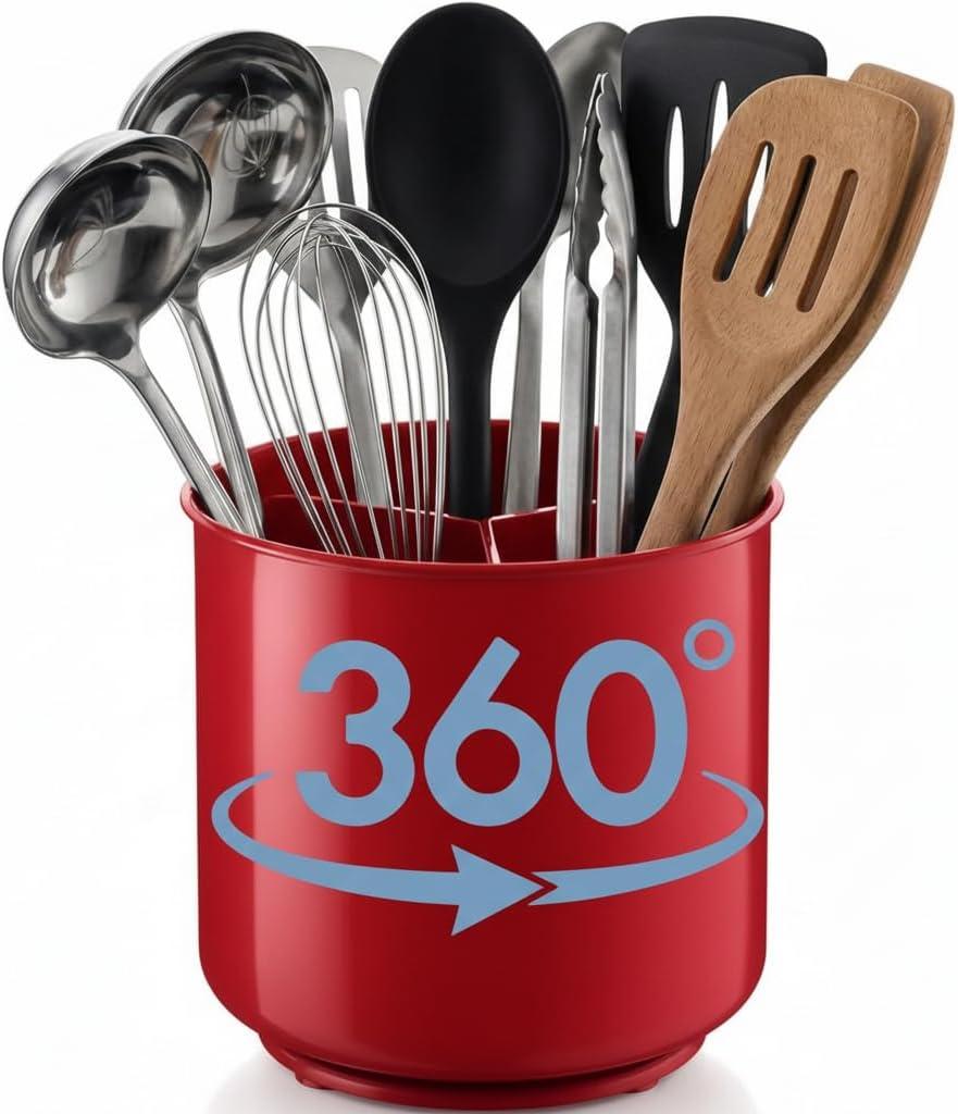 Cooler Kitchen Jumbo Extra Large Sturdy Rotating Black Utensil Holder Caddy with No-Tip Weighted Base, and Gripped Insert - Rust Proof and Dishwasher Safe Kitchen Utensils Holder, Red