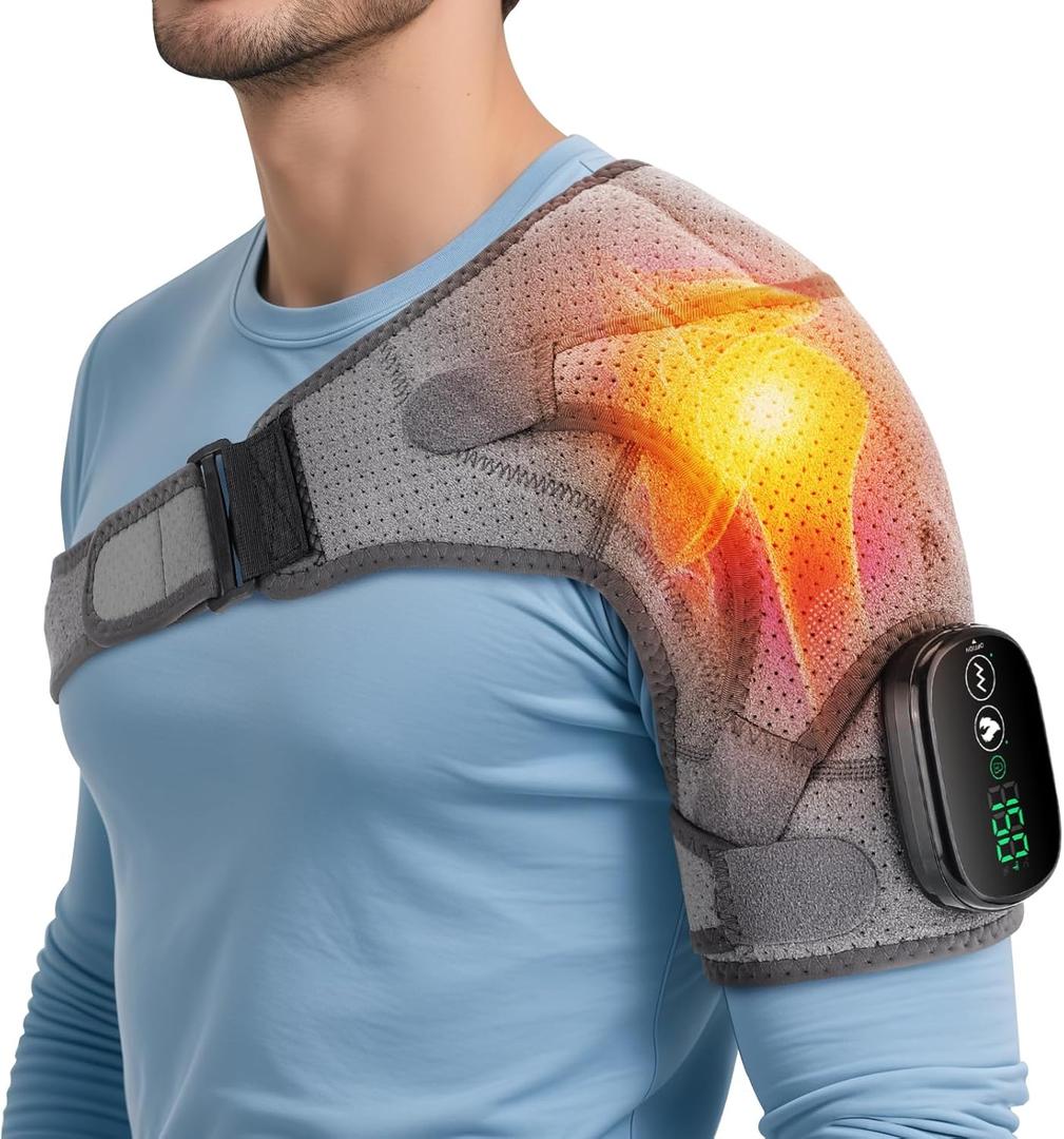 Heated Shoulder Wrap with Massage, Shoulder Heating Pad for Rotator Cuff Frozen Shoulder, Cordless Shoulder Heating Pads Shoulder Massager with Heat (Pure Grey)