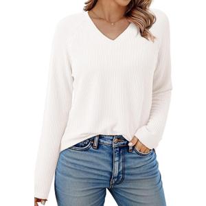 Dokotoo Spring Tops for Women 2026 Long Sleeve Ribbed Knit Teacher Shirts Fashion Clothing Women Blouses V Neck T Shirts