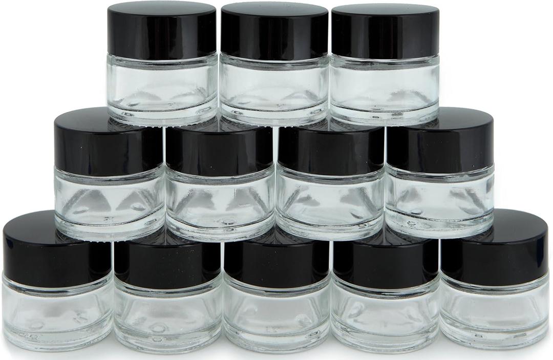 Vivaplex, 12, Clear, 1 oz, Round Glass Jars, with Inner Liners and black Lids