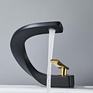 Modern Bathroom Sink Basin Faucet Brass Single Hole Single Handle Deck Mount Cold and Hot Mixed Creative Design Tap Including Two US Standard 3/8 Hoses Black Gold