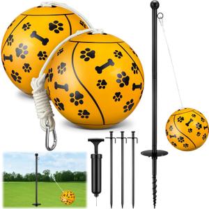 10 ft Tetherball Set with 2 Balls, Portable Replacement Tetherball Ball and Rope and Pole Tether Equipment Adjustable Pole Game for Adult Dog Outdoor Backyard Beach (Yellow)