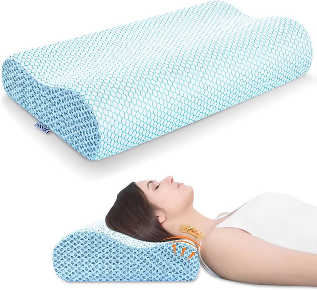 Anvo Memory Foam Pillow, Neck Contour Cervical Orthopedic Bed Pillow for Sleeping Side Back Stomach Sleeper, Ergonomic Design for Neck and Shoulder Pain Relief, Blue White, (Soft - Standard (24 x 13.4 x 4.7 inches))