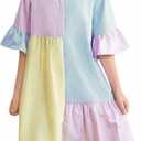 OYOANGLE Girl's Striped Button Up Ruffle Dress Half Sleeve Color Block Flared Long Dress
