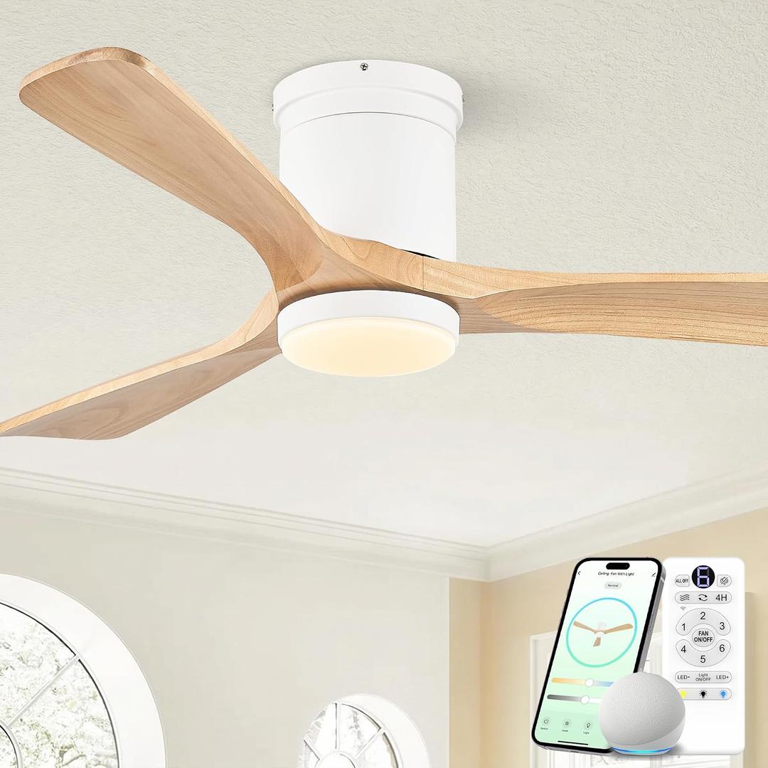 52 Inch Flush Mount Ceiling Fans with Lights, Low Profile Smart Ceiling Fan, Alexa & Remote Control, High CFM Reversible BLDC, White Natural Wood 3 Blade Indoor Outdoor Ceiling Fans for Bedroom Patios