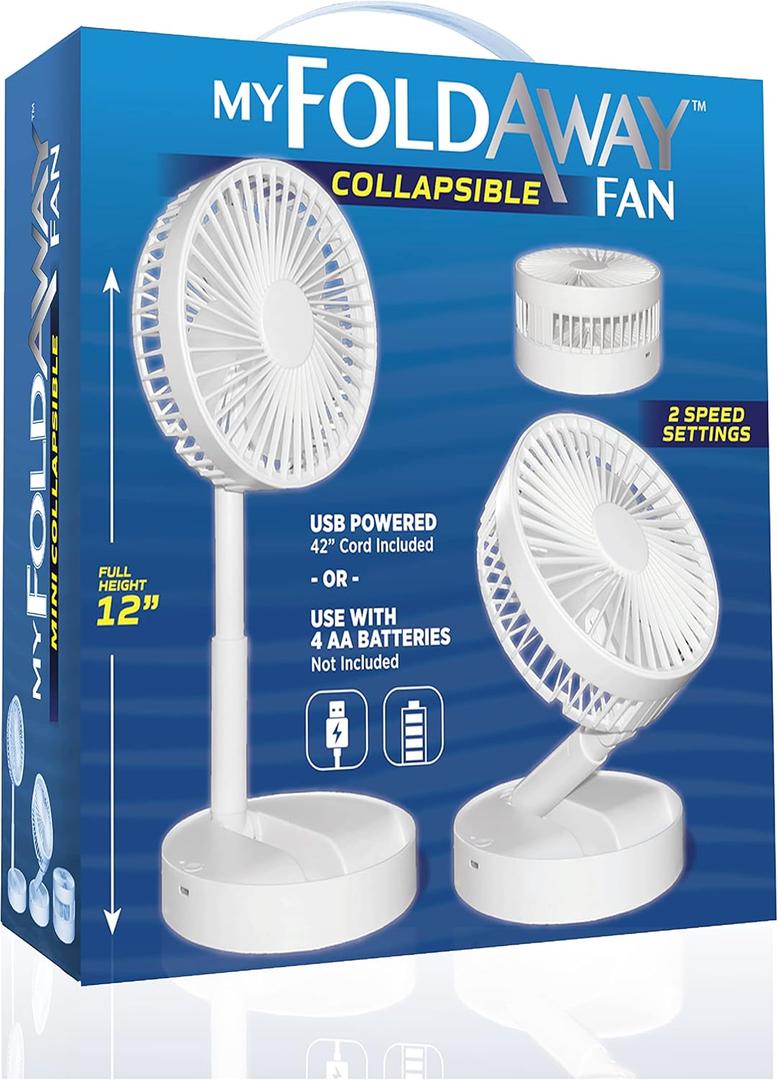 Bell+Howell MY FOLDAWAY FAN Rechargeable Fan Collapsible Fan Ultra Lightweight Portable Compact Extendable to 12" High with 2 Speed Modes As Seen On TV