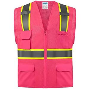 SHORFUNE High Visibility Mesh Safety Vest with 10 Pockets, Mic Tabs, Zipper and Reflective Strips, Reflective Construction Vest for Men and Women, ANSI/ ISEA Standards, Pink, M
