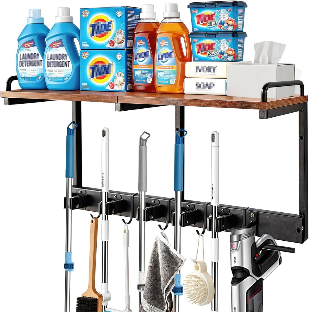 Broom Holder Wall Mount With Cleaning Supplies Organizer Shelf Broom And Mop Organizer Wall Hanging With Vacuum Holder Wall Mount, Wall Mounted Broom Hanger Utility Racks For Home Garage Laundry Room