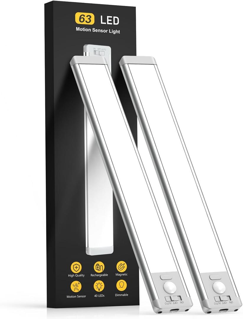 Under Cabinet Lighting, 14.7" Rechargeable Motion Sensor Light Indoor, 2 Pack Magnetic Dimmable Closet Lights, Wireless Under Counter Lights for Kitchen, Stairs,Hallway