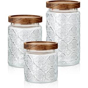 Gerrii 3 Pcs Glass Food Storage Containers 17/24/34 oz Vintage Glass Jar with Lid Begonia Pattern Airtight Candy Food Jars Canisters for Kitchen Counter Pantry Coffee Tea Beans (Round)