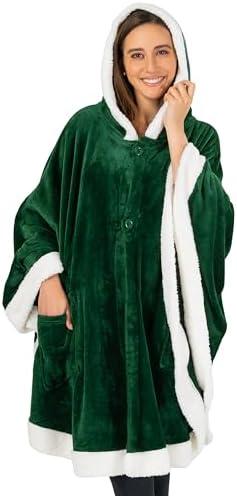 PAVILIA Wearable Blanket for Adult Women, Cozy Plush Fleece Blanket Poncho Cape with Hood, Super Soft Shawl, Angel Wrap Throw for Office, (Emerald Green, XXL)