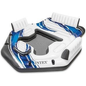 Intex Blue Tropic Inflatable 5 Person Raft or Swimming Pool Island Water Floating Lounger Raft with Backrests, Built in Cooler, and 4 Cupholders, 129" X 112" X 26 1/2"
