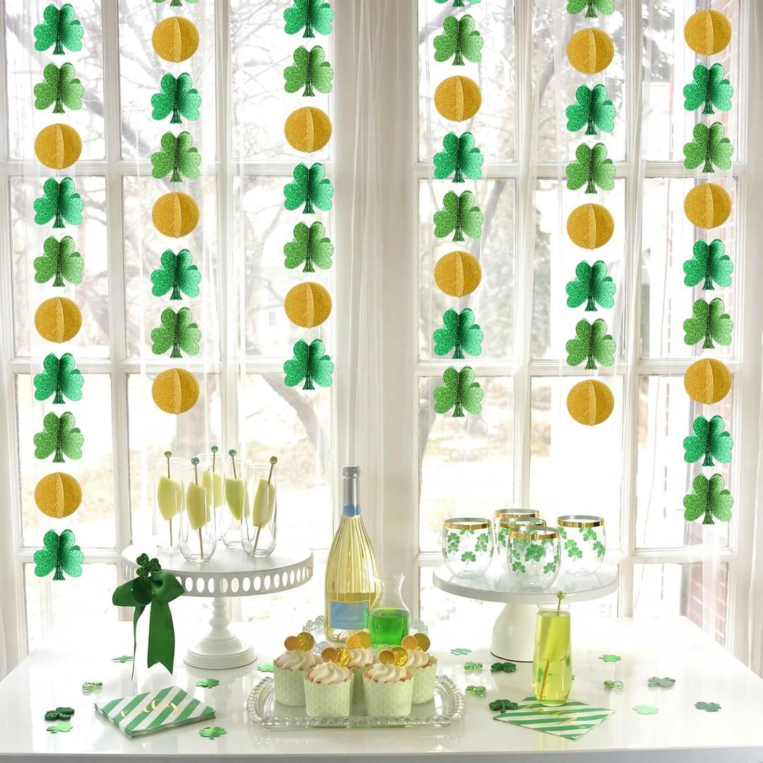 AmazingSpark 4 Pcs St Patricks Day Decorations 3D Shamrock Garland Banner Glitter Green Lucky Clover Gold Coin Hanging Streamers Ornaments for Irish Spring Birthdays Party Supplies Decor 46ft