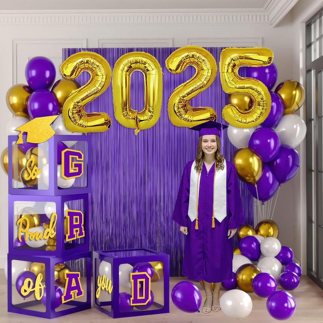 Purple Graduation Decorations 2025 Set of 4 GRAD Balloon Boxes with Balloon Arch Garland Kit mylar balloons So Proud of You 2025 prom Graduation Decorations