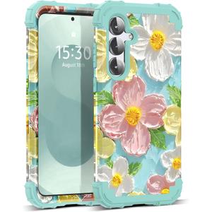 for Galaxy S25 5G Case,3 in 1 Oil Painting Flower Pattern Heavy Duty Shockproof Protection Silicone Rubber Bumper+Hard Plastic Protective Cover for Samsung Galaxy S25,Green Flower