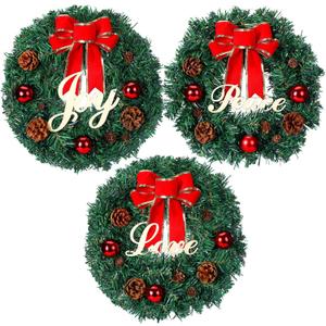 Dingion 3 Pcs 12 Inch Small Christmas Wreath for Window Mini Artificial Christmas Wreath with Red Bow Joy Peace Love Pine Cones Ball Ornaments for Holiday Front Door Wall Indoor Outdoor Decorations