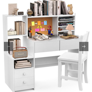 Wooden White Kids Study Desk and Chair Set, 4 Drawers and Storage Cabinets, Children Desk with Hutch and Shelves, Girls Study Desk for Kids Bedroom