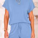 PRETTYGARDEN Two Piece Set for Women Summer Lounge Sets Shorts And Short Sleeve Tops Knitted Matching Travel Vacation Outfits (Medium)