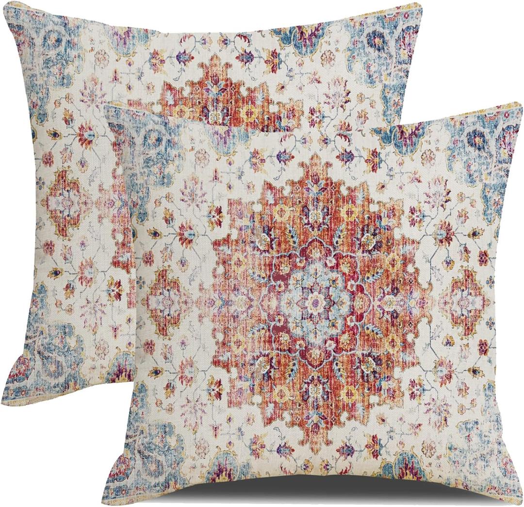 Boho Throw Pillows Cover 18x18 Inch Orange Blue Teal Ethnic Carpet Pillow Covers Set of 2 Farmhouse Fall Coral Floral Linen Decorative Pillow Cases for Outdoor Living Room Couch Sofa Decor