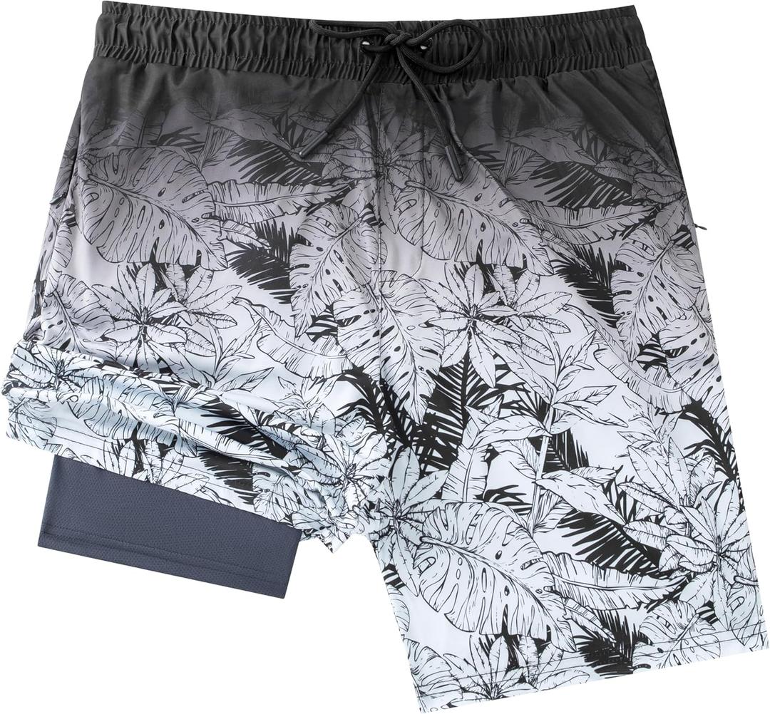 Men's Swim Trunks with Compresssion Liner 7" Swimwear Board Shorts 2-in-1 Bathing Suits with Zipper Pockets (4X-Large, Black Gradient Leaves)