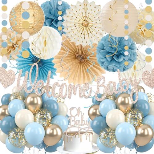 Light-Dusty Blue Boho Baby Shower Decorations, 69pcs Beige Champagne Boy Neutral Welcome Baby Banner Décor With Sand White Ice Blue Balloons Paper Lanterns Pom Poms Fan Baby Shower Party Wall Backdrop, Dusty Blue