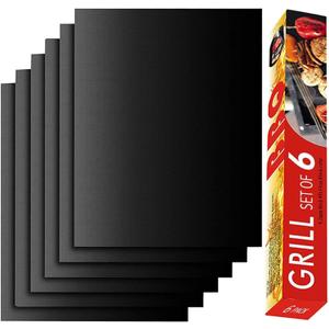 RENOOK Grill Mat Set of 6-100% Non-Stick Reusable Mats for Gas, Charcoal or Electric Grills - Easy to Clean - 15.75 x 13-Inch, Black