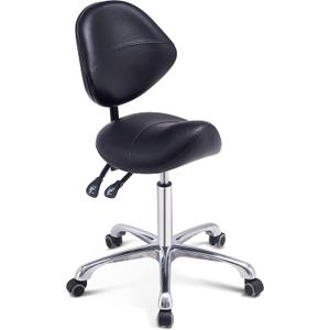 Grace&Grace Professional Saddle Stool Chair with Back Support, Rolling Saddle Ergonomic Stool Heavy Duty for Clinic Dentist Spa Massage Salons Studio (Black, Adjustble Back), Seat Height: 20-28 Inches