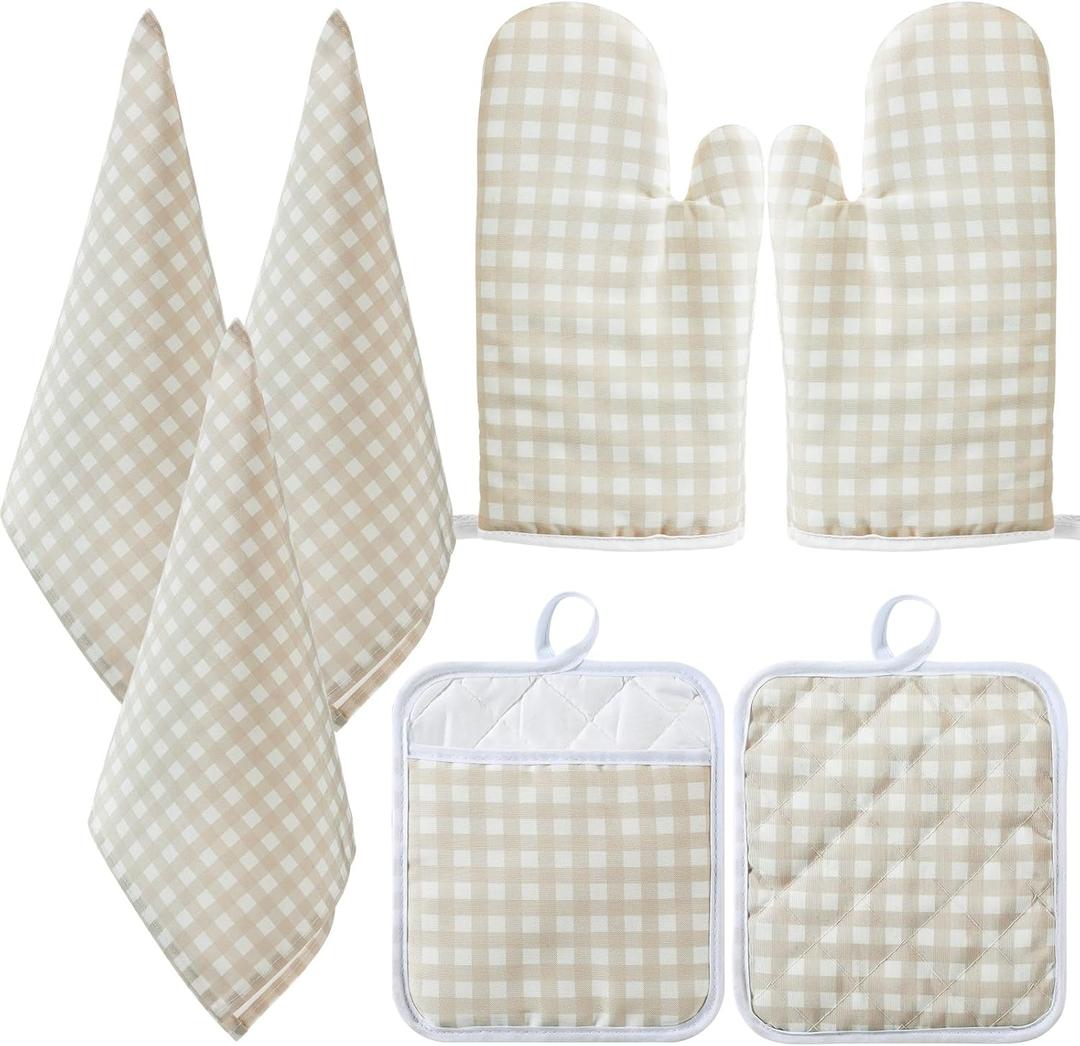 Patelai 7 Pcs Buffalo Check Dish Towels Pot Holders Oven Mitts Set Cotton Plaid Kitchen Dish Towels Non-Slip Heat Resistant Oven Mitts and Pot Holders for Cooking Baking (Light Yellow with White)