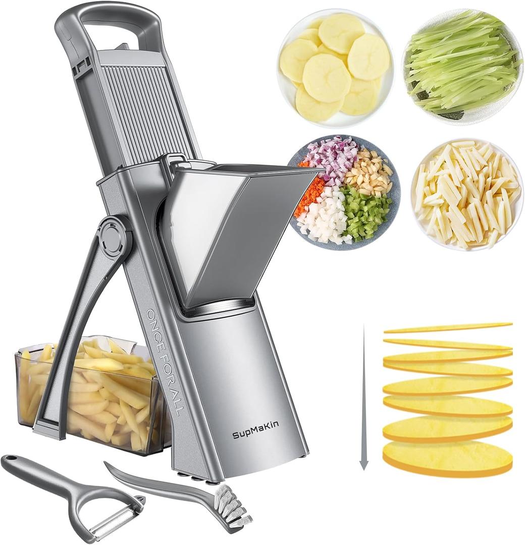 SupMaKin Upgrade Safe Mandoline Slicer for Kitchen,Adjustable Potato Slicer Vegetable Onion Chopper, French Fry Cutter, Inclu Vegetable Peeler(Gray)