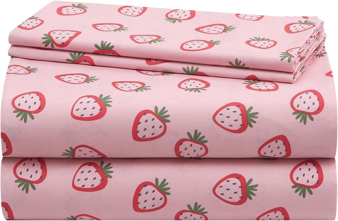 Urban Lifestyle 4 Piece Sheet Set, Including Top Sheet, Fitted Sheet and 2 Pillow Cases, Pink Strawberry, Full