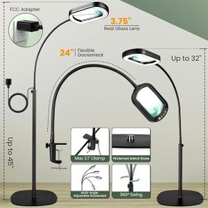 10X Rectangular Magnifying Glass with Light and Stand, 24" Flexible Gooseneck Floor Lamp, 3-in-1 LED 5 Color Modes, Brightness Stepless Dimmable Lighted Magnifier Hands Free for Craft, Hobby, Reading (Black)