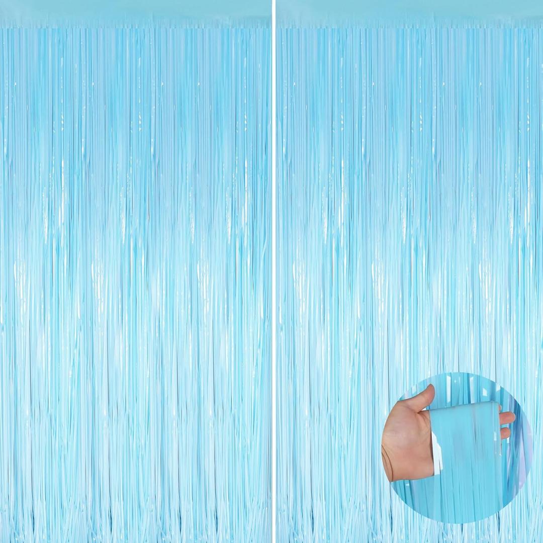 Macaron Light Blue Metallic Tinsel Foil Fringe Curtains, 2 Pack 3.3x8.3 Feet Party Streamer for Birthday Party Decorations, Halloween Decor, Foil Curtain for Bachelorette Party