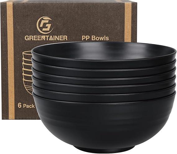 Greentainer Unbreakable Large Cereal Bowls - 2.25L Plastic Lightweight Salad, Soup, Fruit Bowl Set for Kitchen Storage Organizer, Dishwasher & Microwave Safe, 6 Pcs (Black)