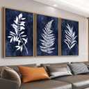 Large Framed Canvas Wall Art - Natural Float Framed Rustic White Leaf Pictures Wall Art Prints for Living Room Decor Indigo Plant Artwork Decorations for Bedroom Kitchen Home Office 72" X 36" Set of 3