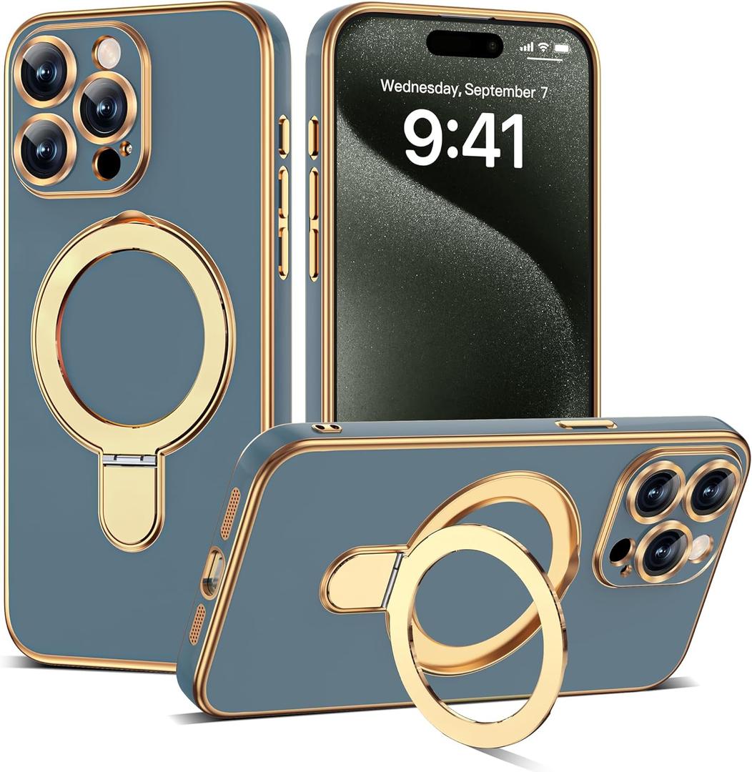 Compatible with iPhone 15 Pro Case with Magnetic Ring Stand [Compatible with Mag-Safe] [Full Camera Lens Protector] Soft Plating Phone Case for iPhone 15 Pro 6.1", Grey Blue