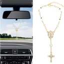 Bling Car Rosary for Rearview Mirror, Evil Eye Bead Cross Crystal Rhinestone Vehicle Rearview Mirror Pendant, Automotive Interior Decorative Charm, Universal for Sedan RV Truck (White)