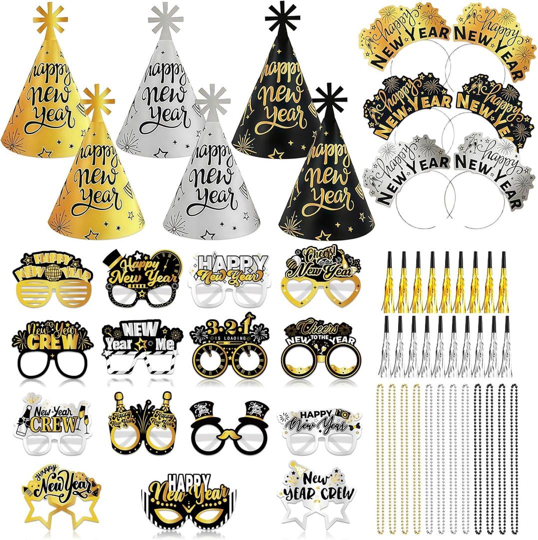 57Pcs New Years Eve Party Supplies 2026, Happy New Year Party Favors with Glasses Hats Headbands Noisemakers & Necklaces for NYE Decorations