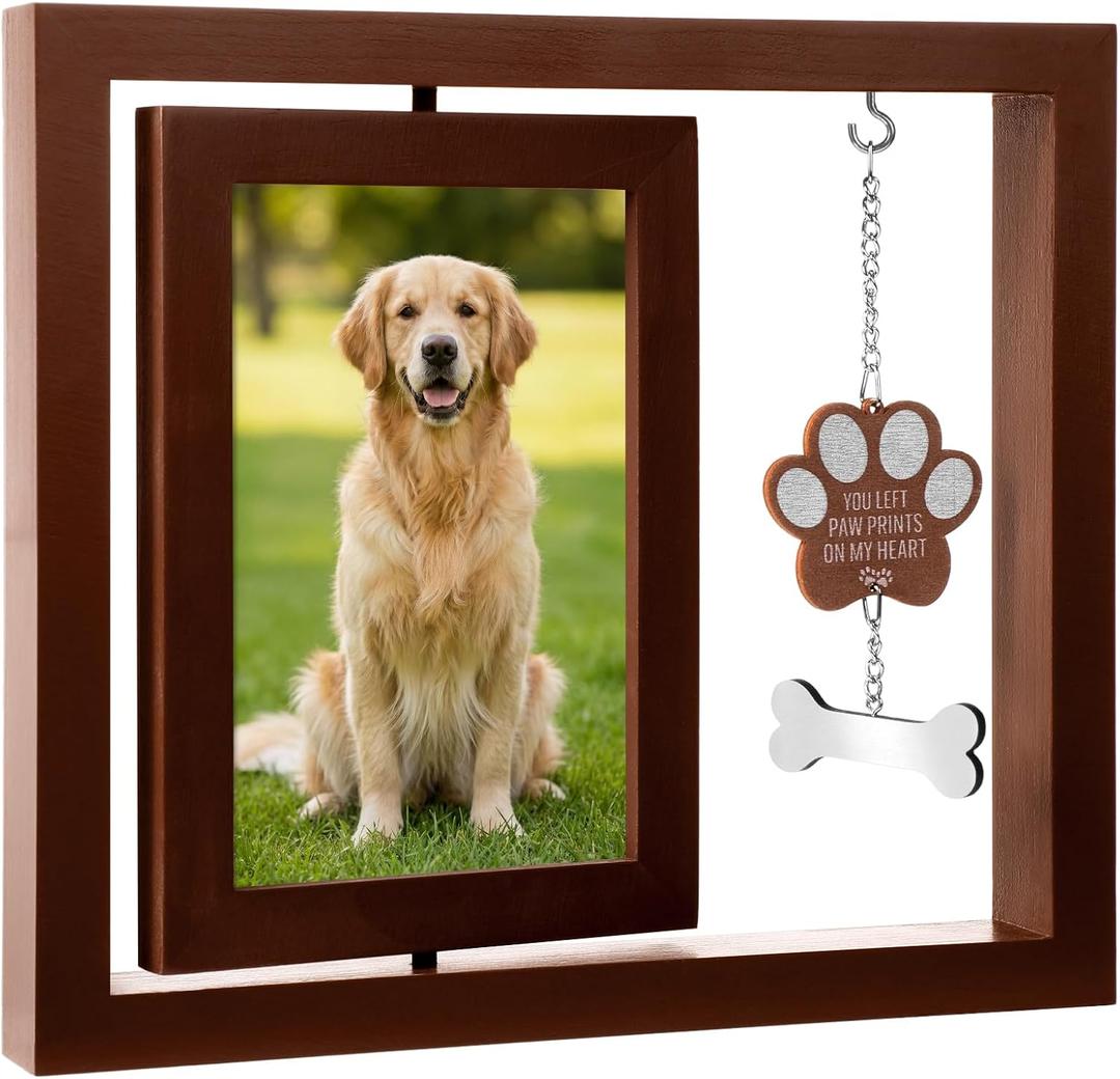 Wenqik Dog Memorial Picture Frame for Loss Rotating Wooden Paw Frame with Dog Bone Charm Holds 4 x 6 Photo Cat Pet Remembrance Sympathy Gift for Family and Friends