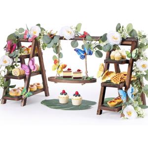 Wooden 3 Tier Cupcake Stand with Flower Vine, Palm Leaves & Decorative Butterflies, Cupcake holder for Tea Party Supplies, Serving trays for party perfect for dessert cups and charcuterie cups