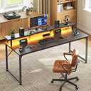 PRAISUN 55 inch Gaming Desk, LED & Power Outlets, Monitor Stand, Black