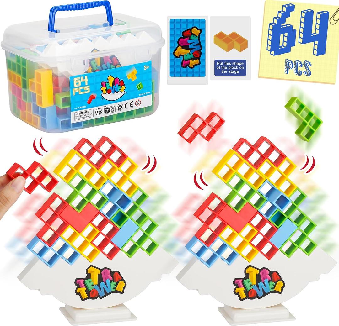 WOWNOVA 64PCS Deluxe Tetra Tower Game for Family Game Night, Balance Stacking Blocks Tower Board Game for Fun Party Games, Stacking Game for Kids & Adults, with Prize Wheel&Cute Clear Storage Box, 12.5 cm x 19.5 cm x 11.7 cm