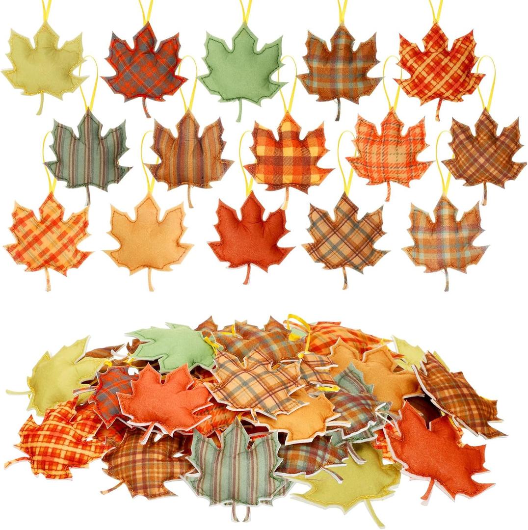 XunYee 30 Pcs Thanksgiving Ornaments Decoration Fall Maple Leaf Hanging Decorations Felt 3D Buffalo Plaid Maple Leaf Fabric Ornaments for Farmhouse Harvest Autumn Festival Party Decor