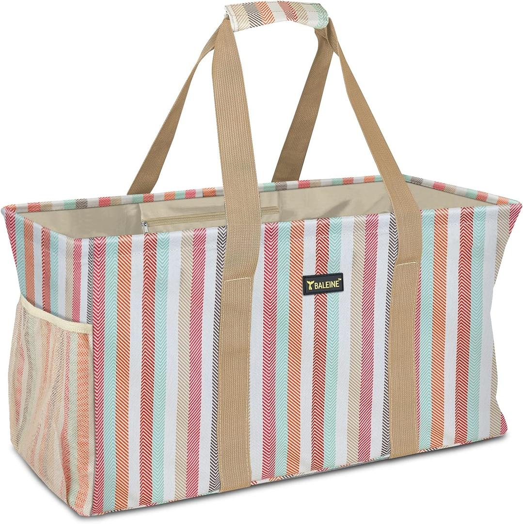 BALEINE Extra Large Utility Tote Bag with Reinforced Wire Frame, Reusable Grocery Bag for Shopping, Picnic (Color Stripe, 22''x12''x10'')