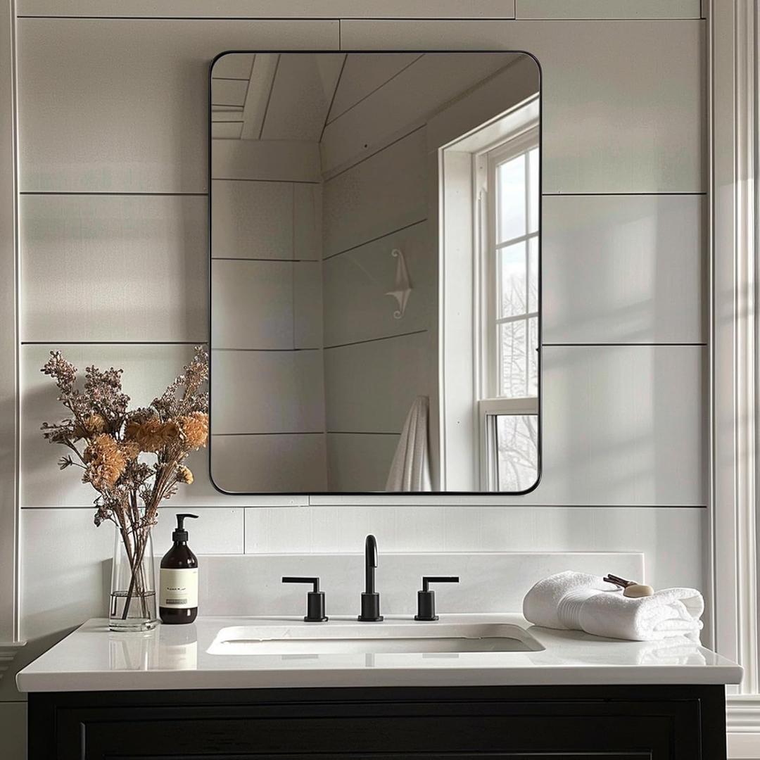 ANDY STAR Black Bathroom Mirrors for Over Sink, 24x32 Inch Matte Black Mirror for Bathroom, Rectangle Metal Vanity Mirror for Wall-Modern Clean Design with Superior Stainless Steel Frame