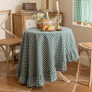 Green Plaid Ruffled Table Cover Linen 60Inch Round Gingham Tablecloth Classic Farmhouse Vintage Checkered Table Cover Decorative Buffalo Plaid for Home Holiday Party 60" (Round)