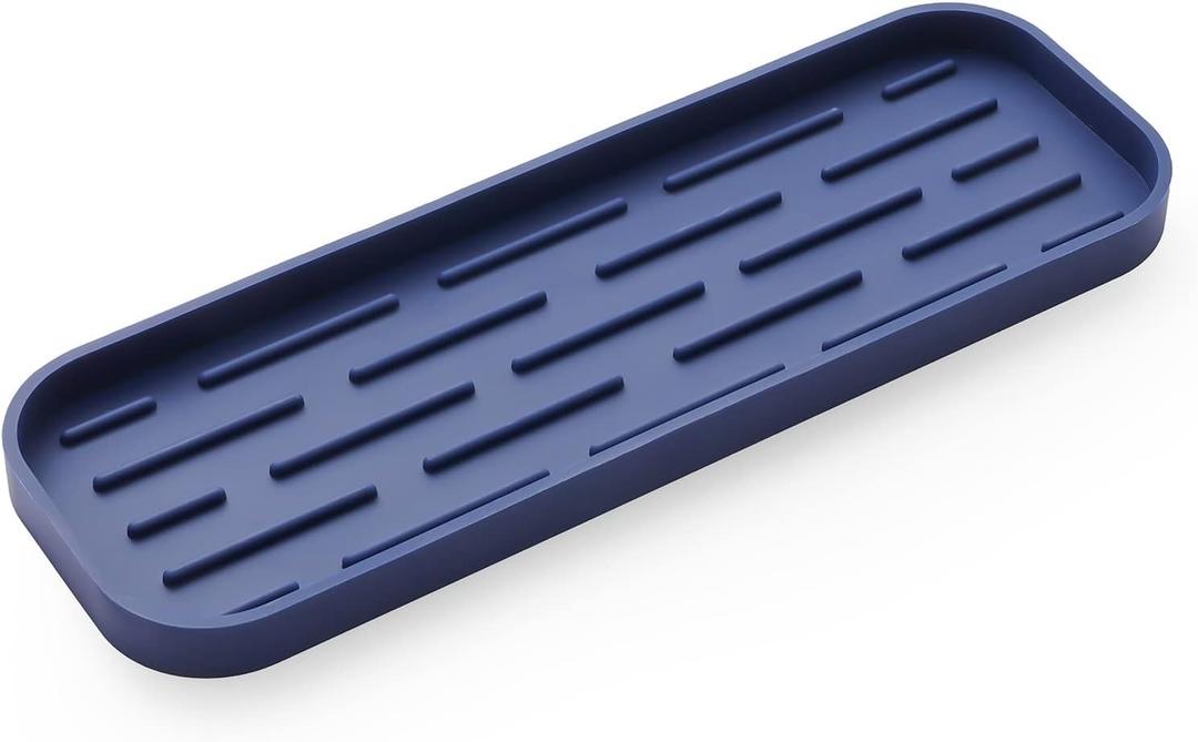Silicone Kitchen Sink Organizer Tray for Multiple Usage,Eco-Friendly Sponges Holder for Kitchen Bathroom Counter or Sink,Dish Soap Dispenser,Scrubber,Bottle,Cup (Navy Blue, 12"4") (12" x 4" x 0.7")