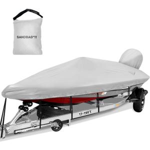 Boat Cover 17-19ft, Bass Tracker Boat Cover with Sand Bag Mooring Kit, 1200D Marine Canvas Waterproof Heavy Duty Boat Covers for 17 feet 18ft 19' Foot V Hull Bass & Runabout Boat,Gray