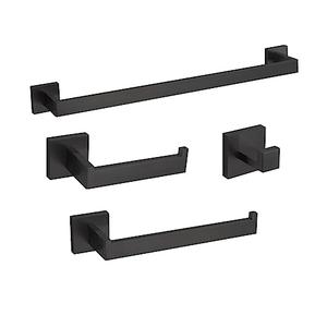 4-Piece Bathroom Hardware Set, Towel Rack Towel Bar Towel Holder Toilet Paper Holder Matte Black Towel Hooks Modern Square Stainless Steel Wall Mounted Bathroom Accessories Set (16inch)