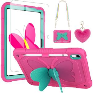 WESADN for iPad 10th Generation Case 2022 for Kids Girls with Screen Protector/Butterfly Kickstand/Lanyard/Keychain/Pencil Holder Shockproof Rugged Tablet Cover for iPad 10th Gen 10.9'' Rose Red